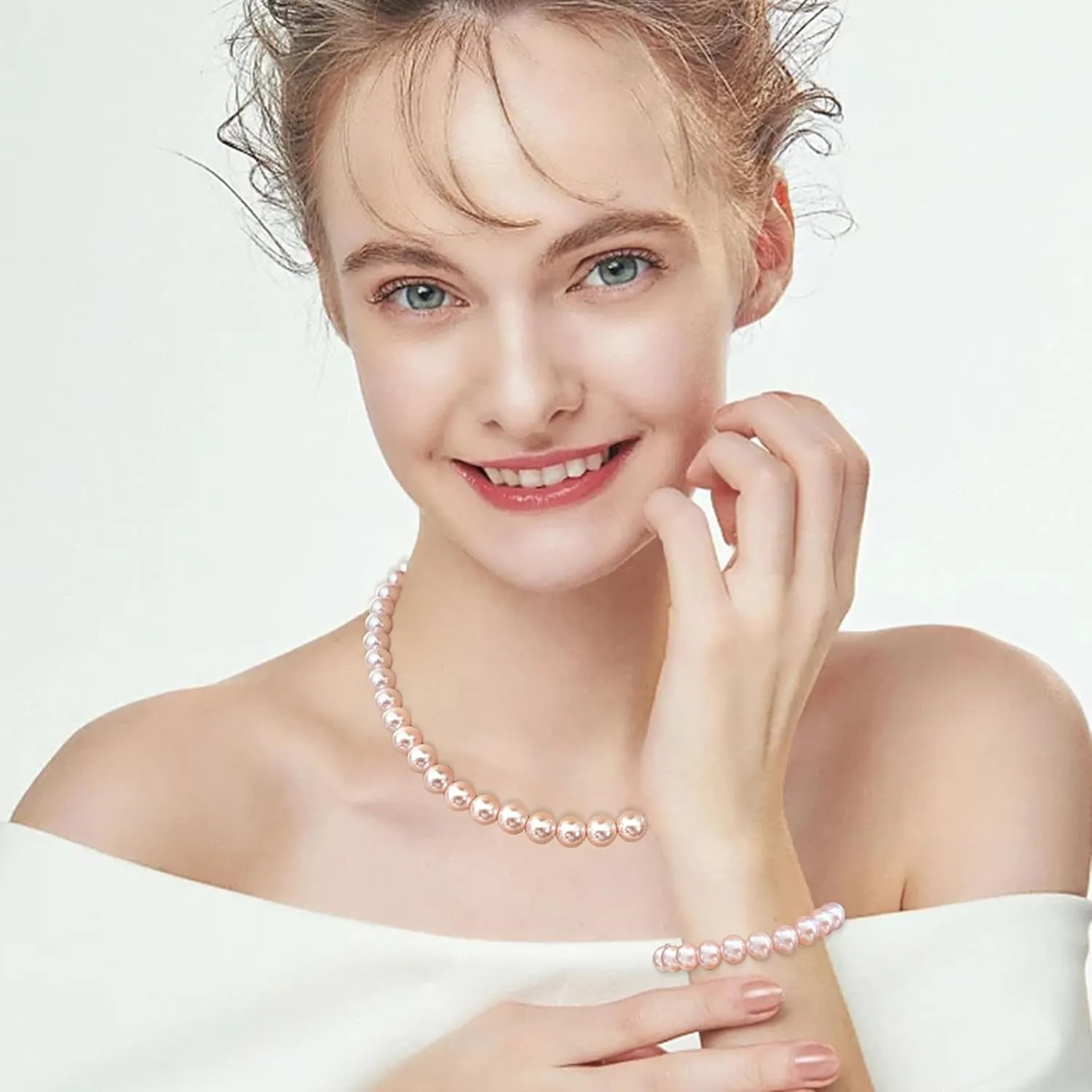 Pearl Necklaces for Women,8mm Pearl Necklace and Earring Bracelet Jewelry Set for Women Men Wedding Birthday Valentine Christmas Day Gifts