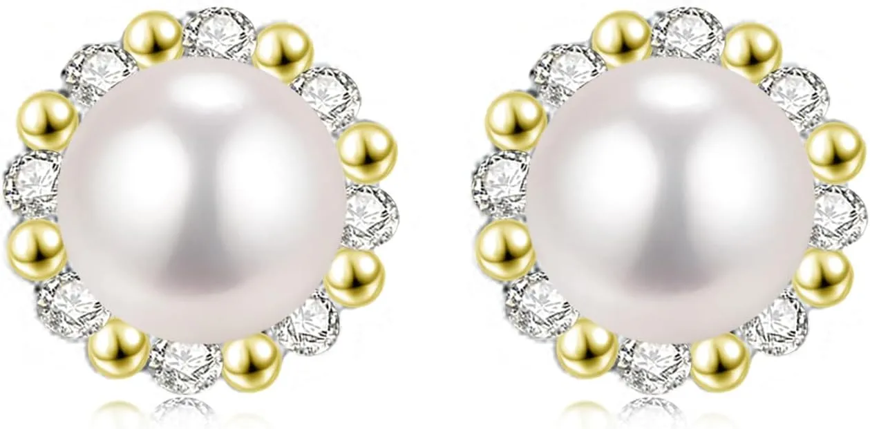 Pearl Stud Earrings for Women Small White Pearl with Cubic Zirconia Jewelry Gifts for Her