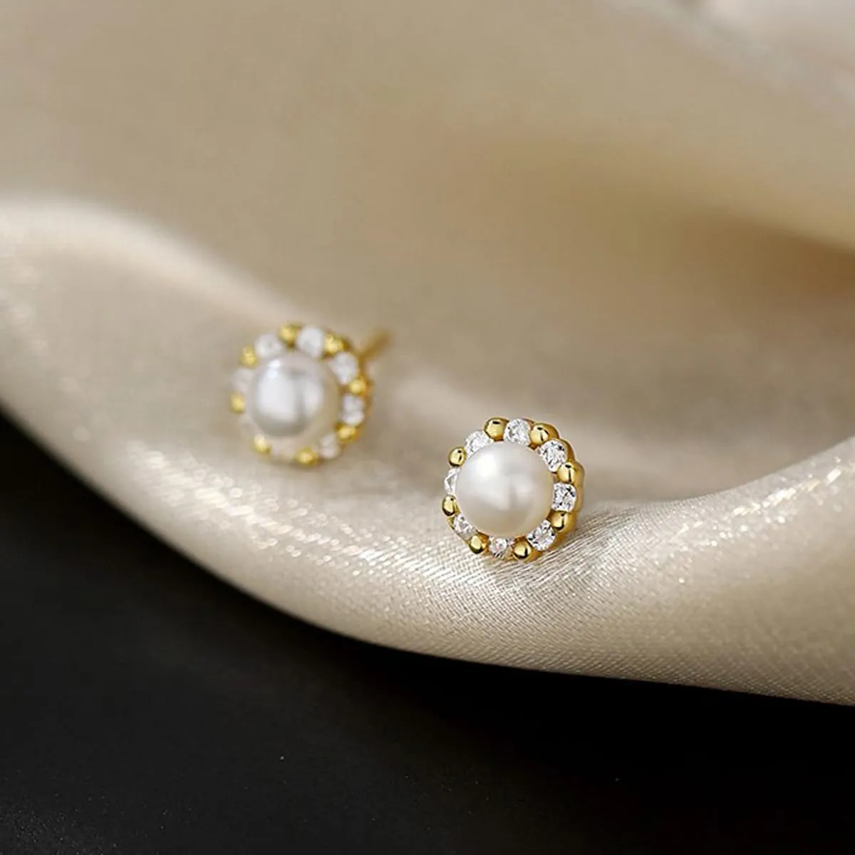 Pearl Stud Earrings for Women Small White Pearl with Cubic Zirconia Jewelry Gifts for Her