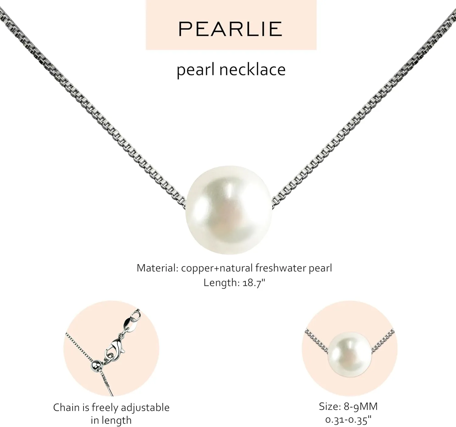 PEARLIE Dainty Necklaces for Women, 8-9MM Round Bead Natrual Pearl Necklace, Handpick Freshwater Cultured Pearl Beads Choker for for Charm Women V Neck Dress Accessorie