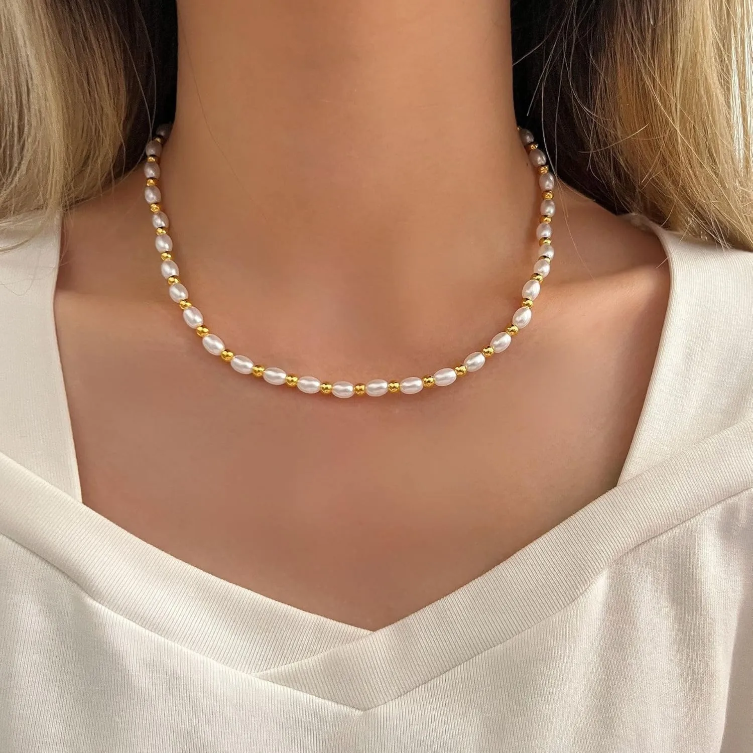 Pearls Choker Necklaces for Women Gold Plated Pearl Necklace Dainty Beaded Necklace with Pearls Accessories Summer Beach Minimalism Simple Pearl Jewelry