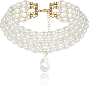 Pearls Necklace 1920s Imitation Pearls Necklace Round Imitation Pearl Necklace Multilayer Pearl Prom Choker Necklaces - White 4 Rows