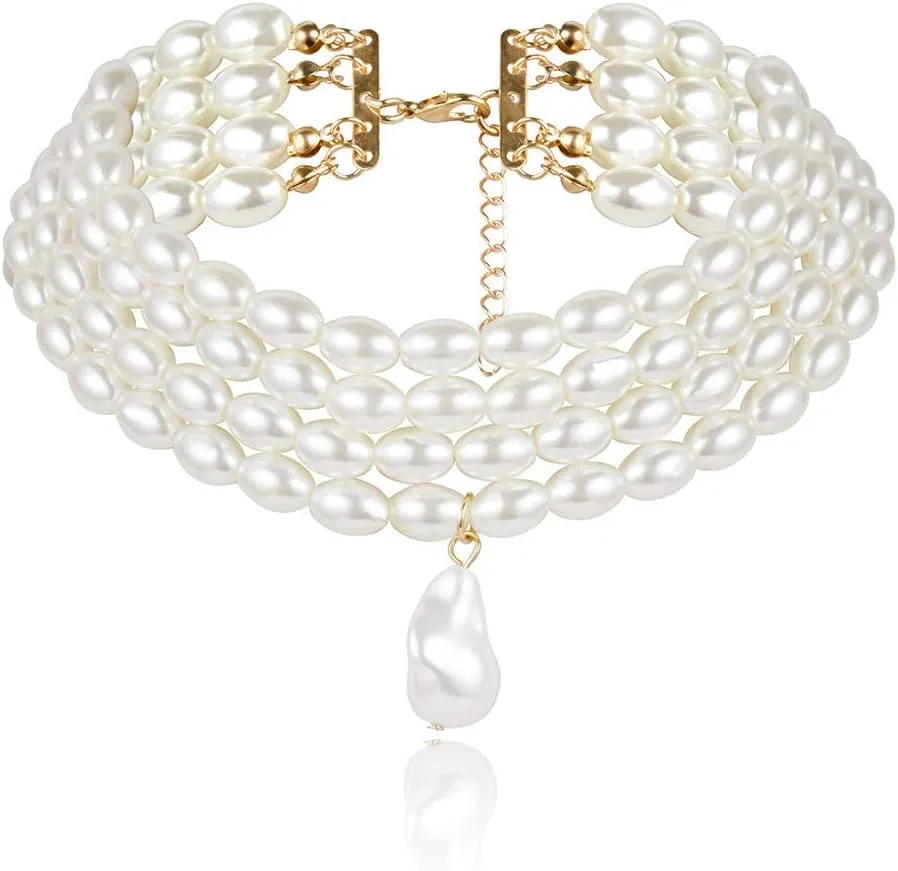 Pearls Necklace 1920s Imitation Pearls Necklace Round Imitation Pearl Necklace Multilayer Pearl Prom Choker Necklaces - White 4 Rows