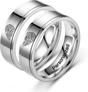 Personalized Heart Promise Couple Rings Matching Heart Fingerprint Engraved Titanium Steel for Couples Wedding Engagement Band Rings Width 8mm 6mm