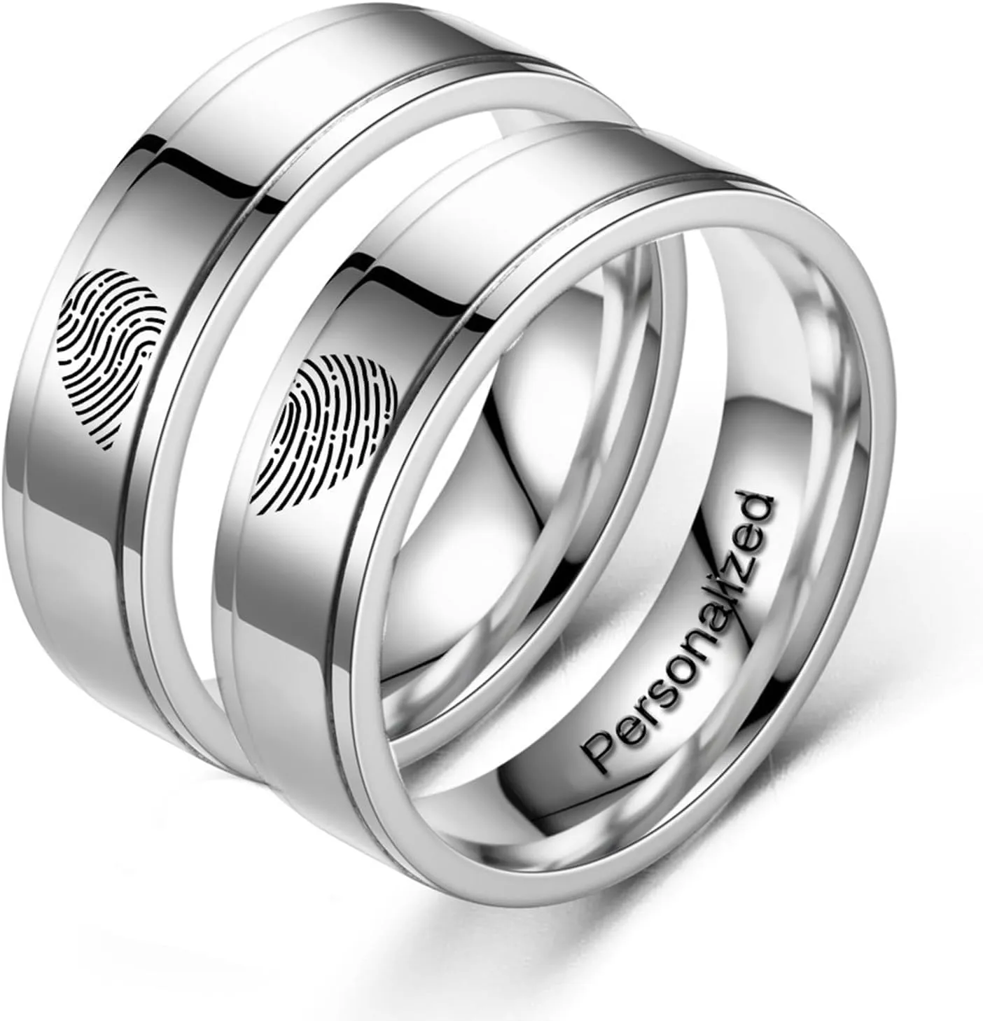 Personalized Heart Promise Couple Rings Matching Heart Fingerprint Engraved Titanium Steel for Couples Wedding Engagement Band Rings Width 8mm 6mm