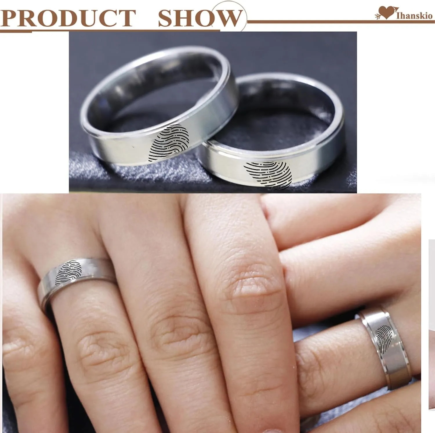 Personalized Heart Promise Couple Rings Matching Heart Fingerprint Engraved Titanium Steel for Couples Wedding Engagement Band Rings Width 8mm 6mm