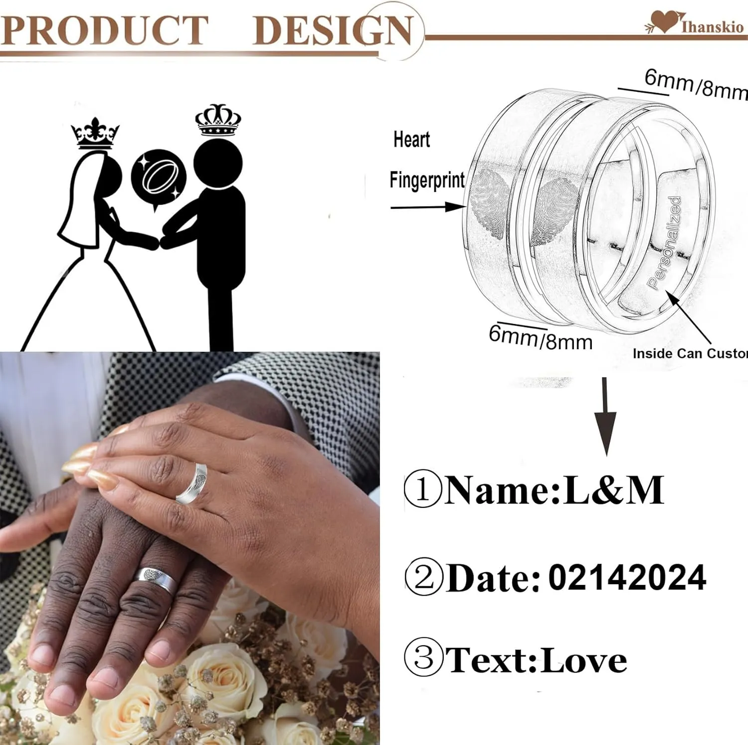 Personalized Heart Promise Couple Rings Matching Heart Fingerprint Engraved Titanium Steel for Couples Wedding Engagement Band Rings Width 8mm 6mm