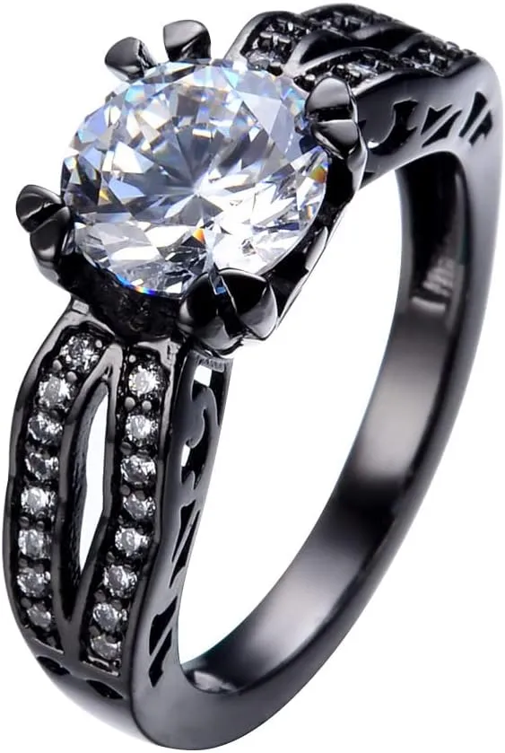 Personalized His Hers Couple Matching Rings Set 6MM Brushed Stainless Steel Bevel Edges Rings Black Plated Cubic Zirconia Couple Rings for Wedding,Couple Rings Set for Boyfriend Girlfriend