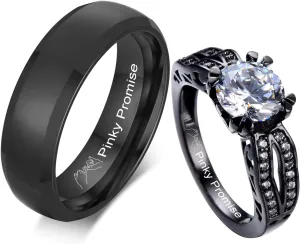 Personalized His Hers Couple Matching Rings Set 6MM Brushed Stainless Steel Bevel Edges Rings Black Plated Cubic Zirconia Couple Rings for Wedding,Couple Rings Set for Boyfriend Girlfriend
