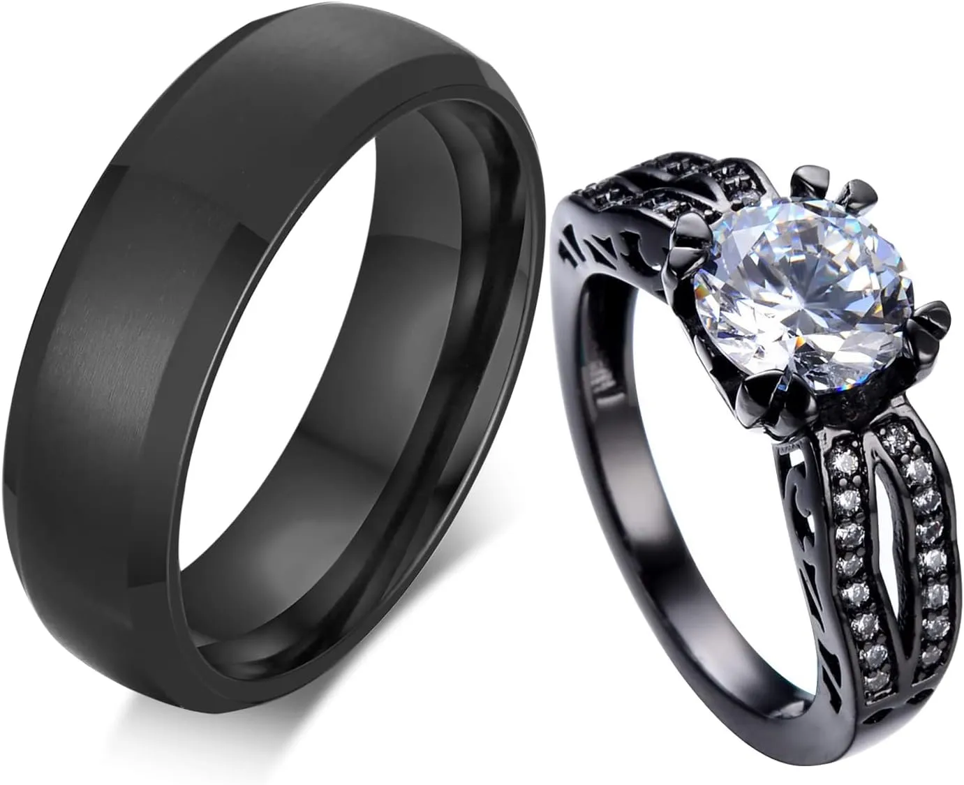 Personalized His Hers Couple Matching Rings Set 6MM Brushed Stainless Steel Bevel Edges Rings Black Plated Cubic Zirconia Couple Rings for Wedding,Couple Rings Set for Boyfriend Girlfriend