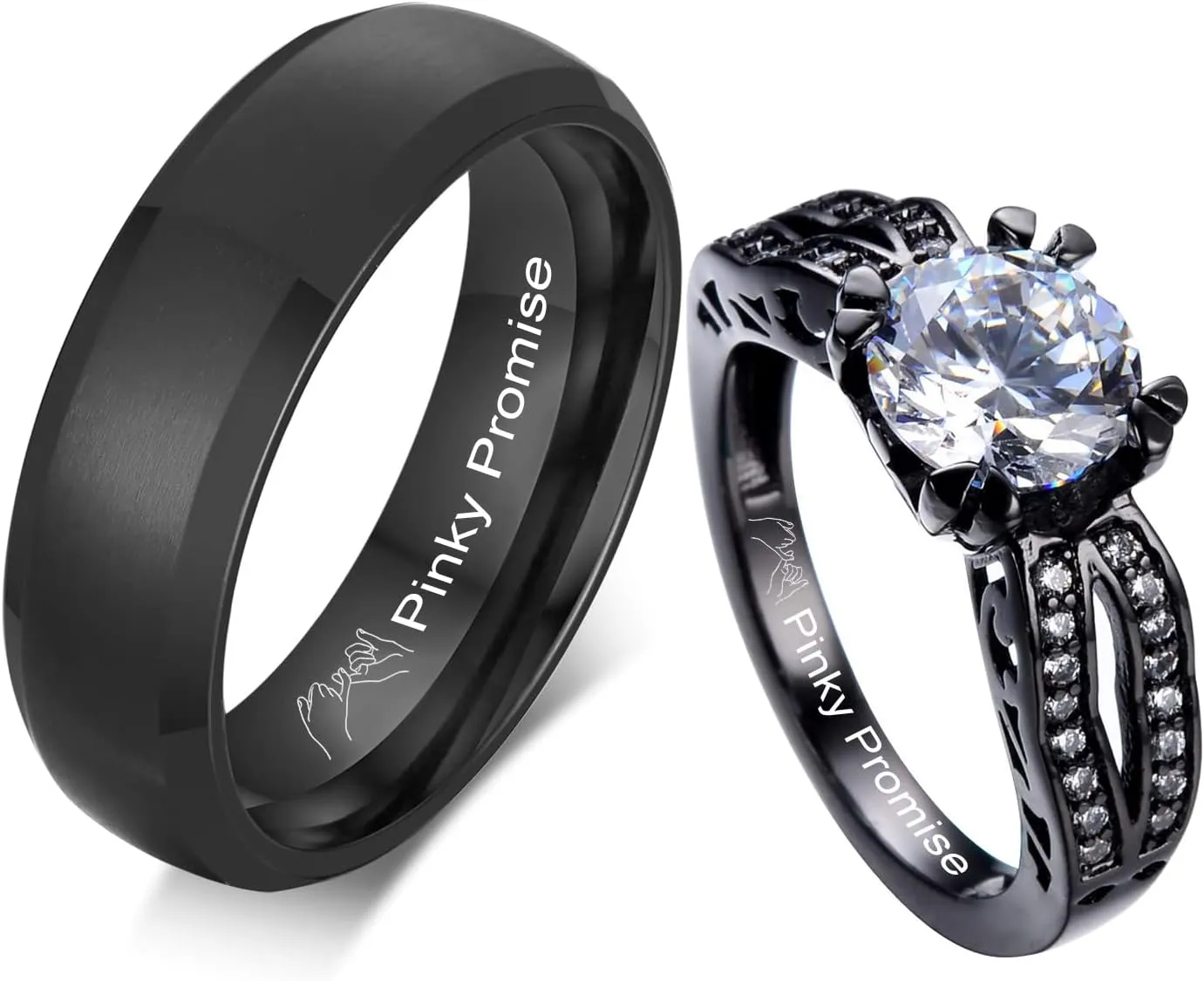 Personalized His Hers Couple Matching Rings Set 6MM Brushed Stainless Steel Bevel Edges Rings Black Plated Cubic Zirconia Couple Rings for Wedding,Couple Rings Set for Boyfriend Girlfriend