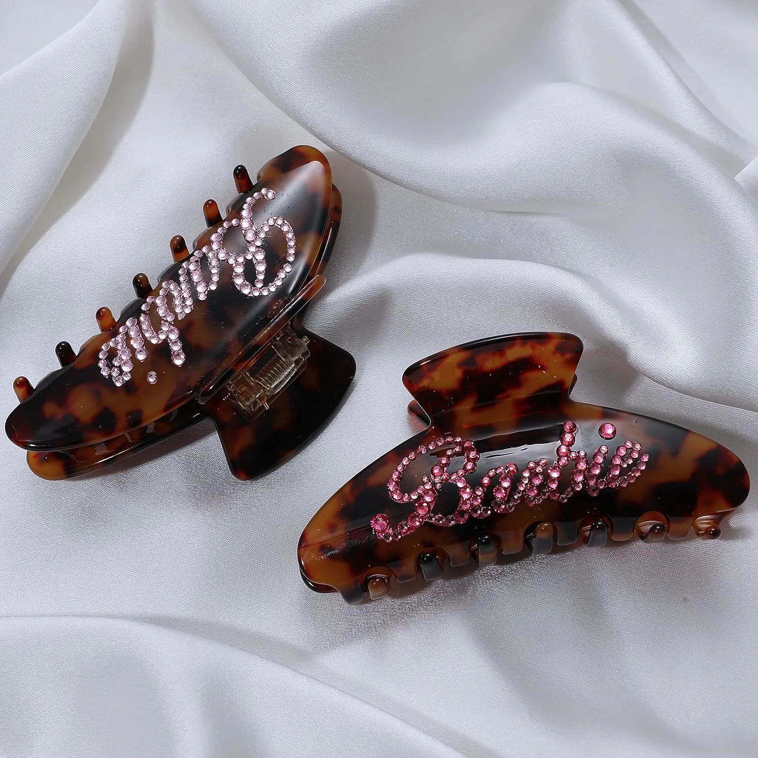 Personalized Rhinestone Hair Claw Barrettes - Custom Name/Number, French Design Cellulose Acetate Clips for Women & Girls (Tortoise, 4")