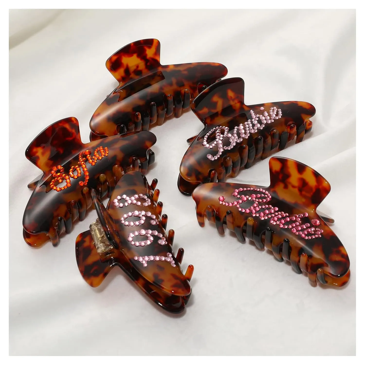 Personalized Rhinestone Hair Claw Barrettes - Custom Name/Number, French Design Cellulose Acetate Clips for Women & Girls (Tortoise, 4")