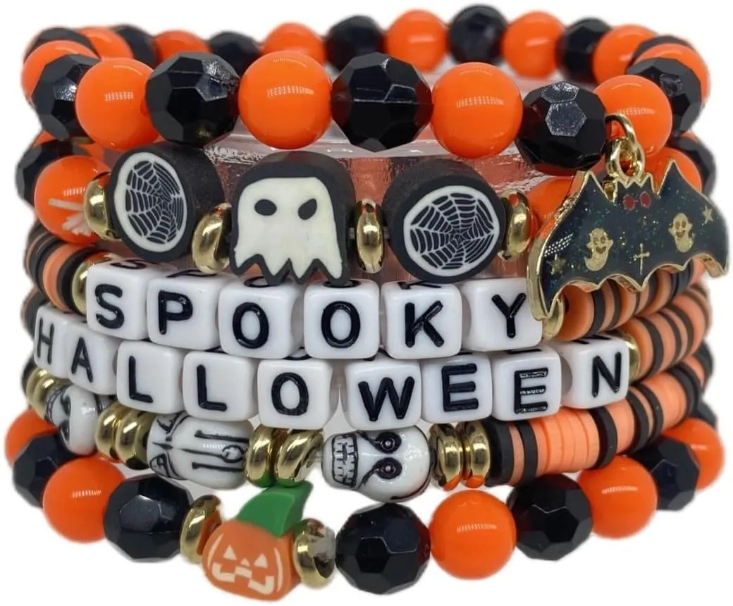 Pingyongchang Halloween Heishi Clay Bead Charm Bracelets for Women Light Up Glow Bracelet Bat Pumpkin Spider Jewelry Acrylic Stackable Beads Bracelet Costume Party Favors Gift