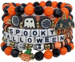Pingyongchang Halloween Heishi Clay Bead Charm Bracelets for Women Light Up Glow Bracelet Bat Pumpkin Spider Jewelry Acrylic Stackable Beads Bracelet Costume Party Favors Gift
