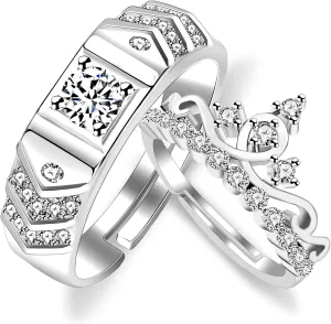 Platinum Plated Zircon Couple Crown Ring Set of 2 Pieces Adjustable Engagement Wedding Rings for Women Men YA4747