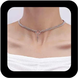 Punk Cross Sword Choker Necklace Silver Dagger Cross Pendant Necklaces Metal Knife Curb Collar Necklaces Chunky Sword Cuban Curb Chain Necklace Jewelry for Women