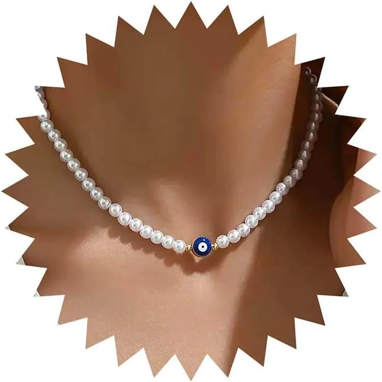 Punk Eye Pearl Choker Necklace Turkish Eye Necklace Gold Pearl Collar Necklaces Evil Eyes Chain Necklaces Pearls Bead Choker Jewelry for Women