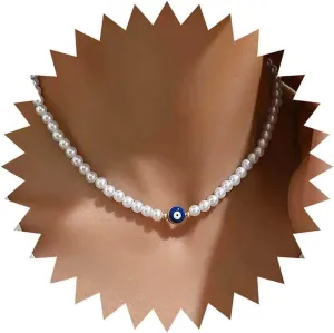 Punk Eye Pearl Choker Necklace Turkish Eye Necklace Gold Pearl Collar Necklaces Evil Eyes Chain Necklaces Pearls Bead Choker Jewelry for Women