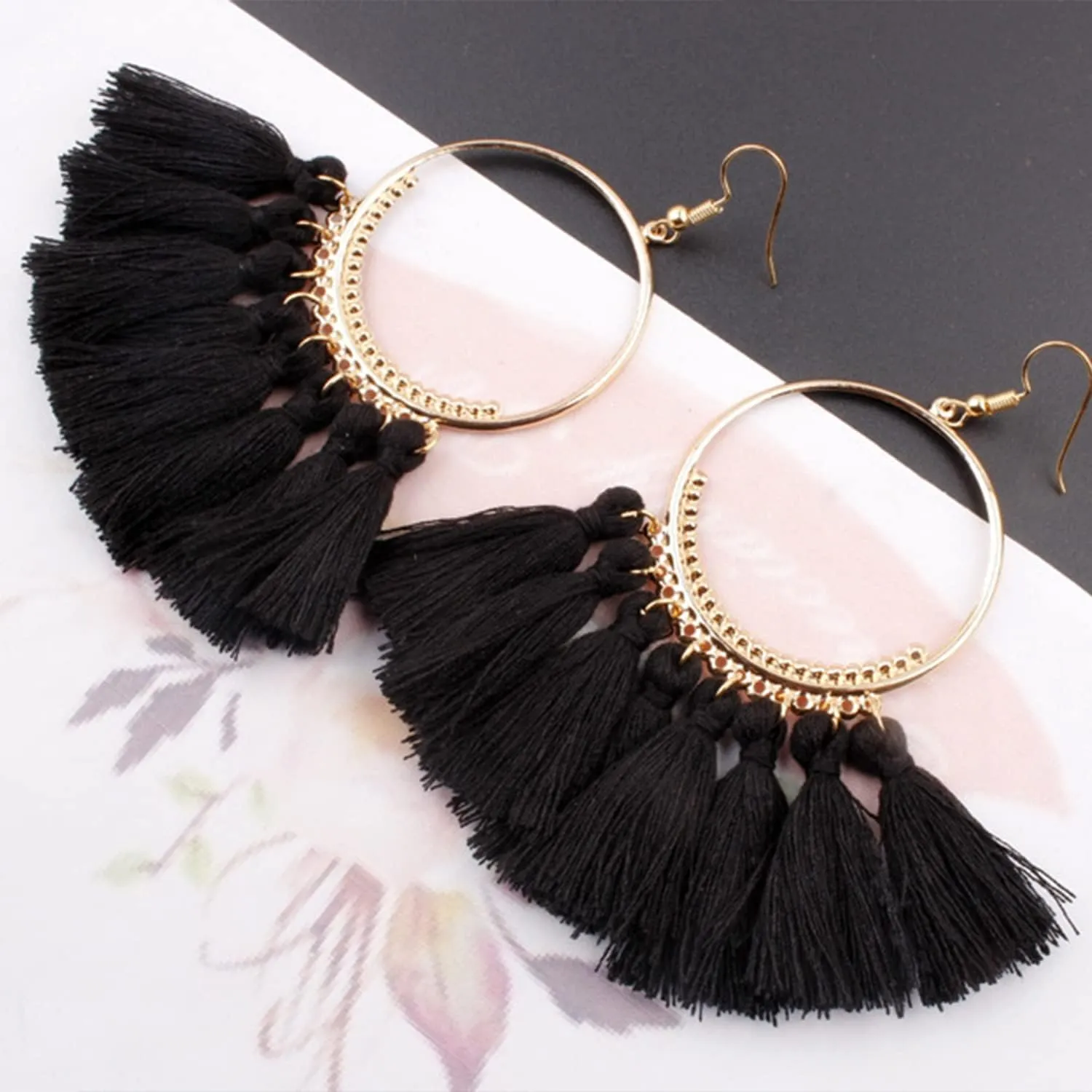QUPENGXU Statement Tassel Colorful Fan Shape Earrings Geometric Hoop Bohemian Handmade Earrings For Women