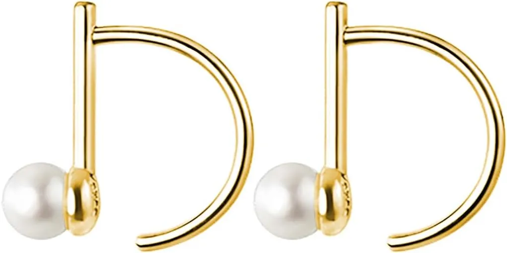 Reffeer 925 Sterling Silver Pearl Half Hoop Earrings for Women Teens Bar Hoop Earrings Open Small Huggie Earrings