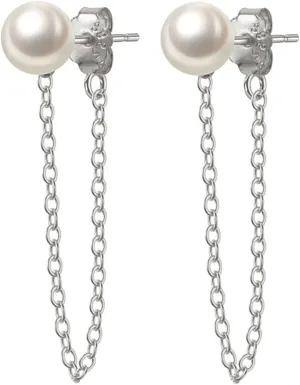 Reffeer Solid 925 Sterling Silver Pearl Chain Dangle Earrings Tassel for Women Teens Pearl Chain Drop Earrings Studs