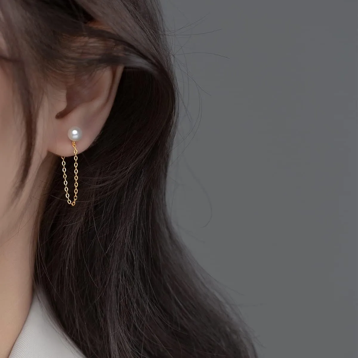 Reffeer Solid 925 Sterling Silver Pearl Chain Dangle Earrings Tassel for Women Teens Pearl Chain Drop Earrings Studs