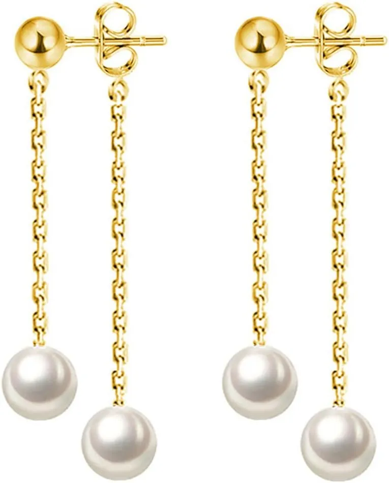 Reffeer Solid 925 Sterling Silver Pearl Dangle Earrings Chain Drop for Women Teens Pearl Chain Dangle Earrings Tassel