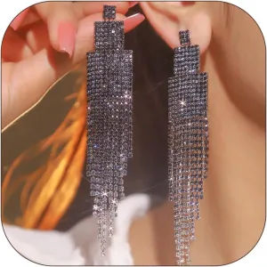 Rhinestone Drop Earrings for Women Sparkly Long Tassel Earrings Dangling Crystal Statement Prom Earrings Wedding Party Dress Outfit Jewerly Gifts