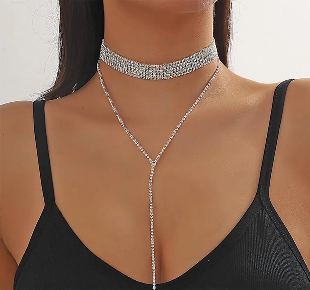 Rhinestone Necklace Dainty Chain Tessal Drop Necklaces Sparkly Silver Choker Necklace for Women