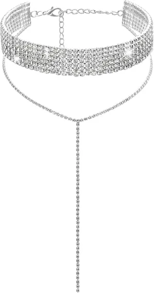Rhinestone Necklace Dainty Chain Tessal Drop Necklaces Sparkly Silver Choker Necklace for Women