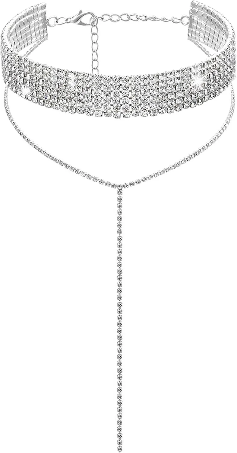 Rhinestone Necklace Dainty Chain Tessal Drop Necklaces Sparkly Silver Choker Necklace for Women