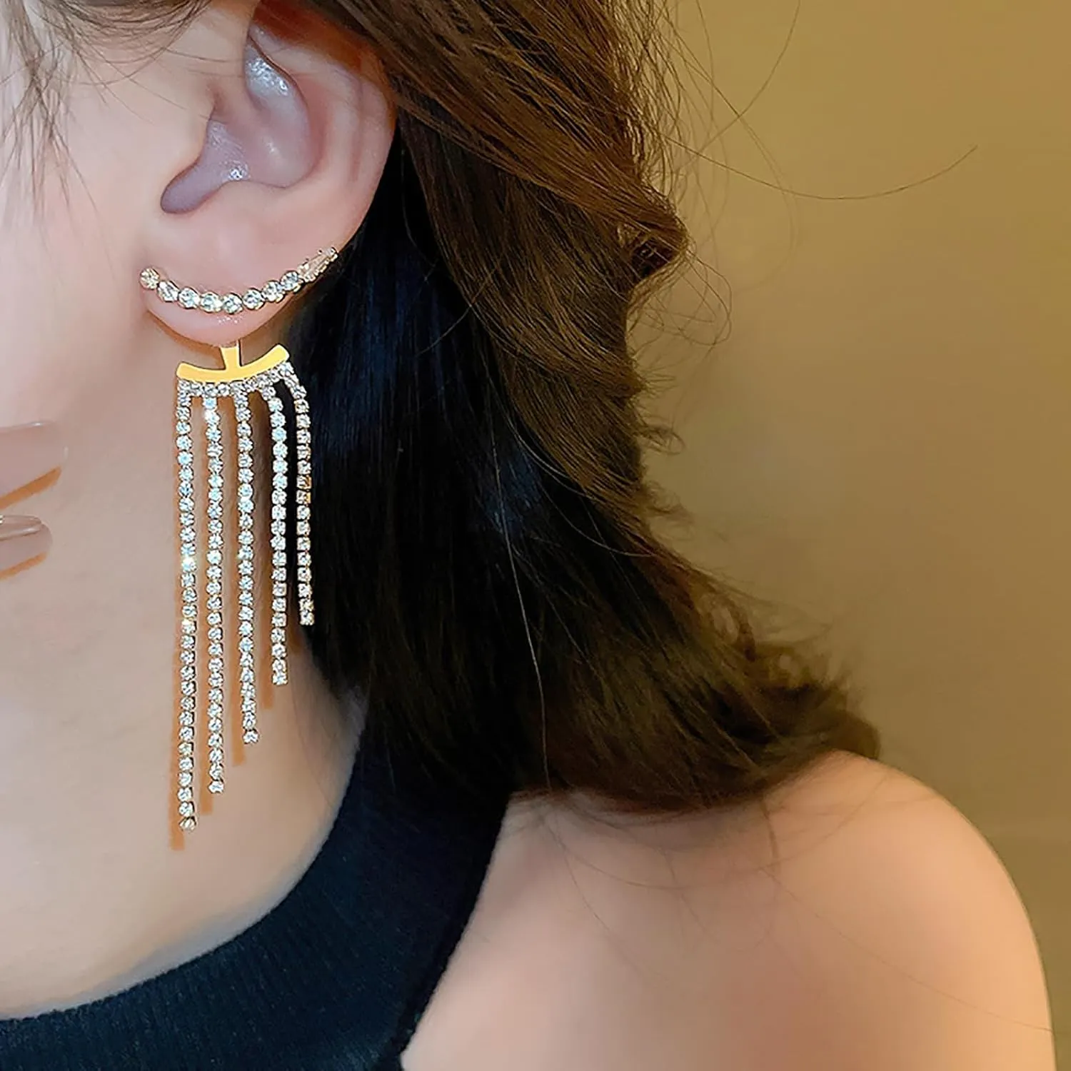 Rhinestone Tassel Earrings For Women Crystal Fringe Chandelier Long Dangle Earring for Prom Dress Sparkle Bridal Wedding Party