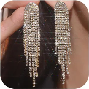 Rhinestone Tassel Earrings for Women Gold Silver Sparkly Crystal Prom Earrings Long Chandelier Dangle Drop Earrings Prom Dresses Jewelry 2024