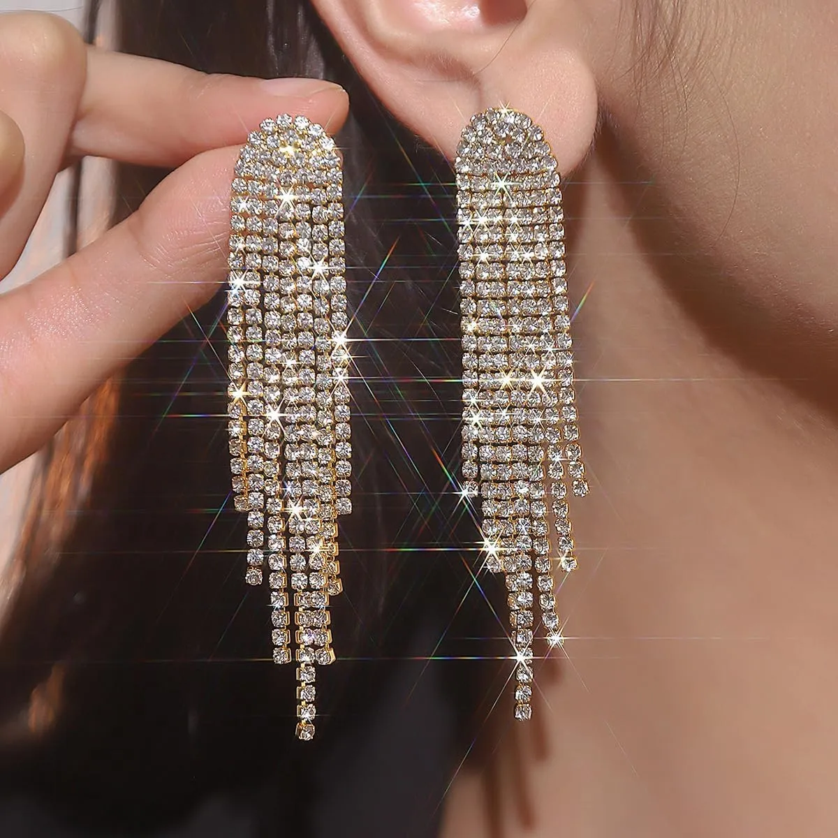 Rhinestone Tassel Earrings for Women Gold Silver Sparkly Crystal Prom Earrings Long Chandelier Dangle Drop Earrings Prom Dresses Jewelry 2024