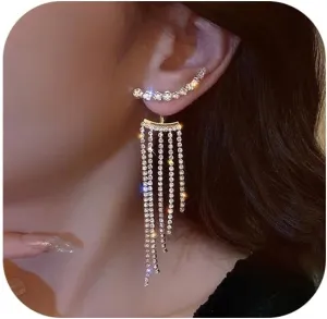 Rhinestone Tassel Earrings for Women Silver Crystal Fringe Earrings Long Tassel Bling Drop Dangle Earrings Front Back Stud Prom Earrings Wedding Party Jewelry