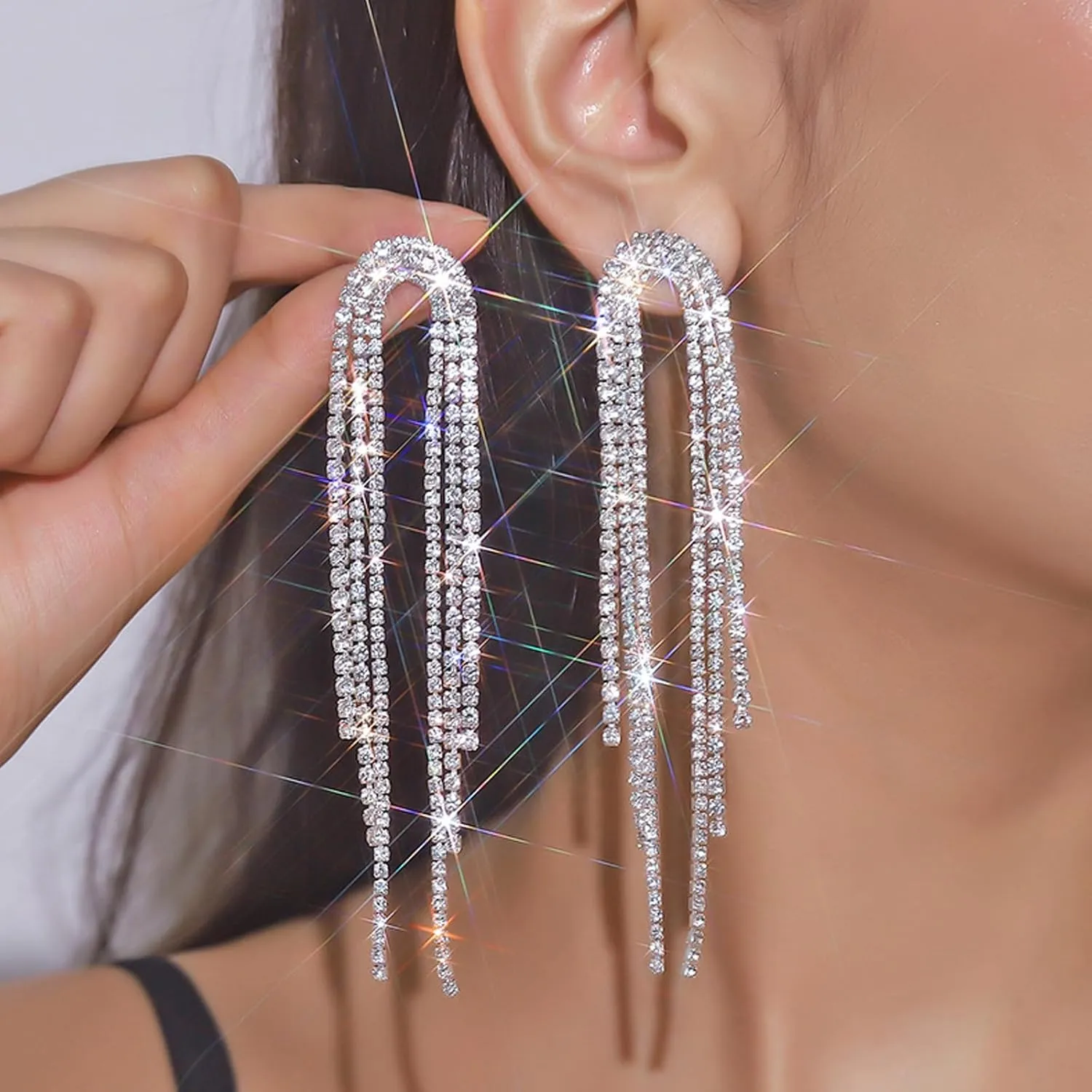 Rhinestone Tassel Earrings for Women Sparkly Long Tassel Earrings Prom Earrings Bling Crystal Chandelier Earrings Wedding Party Prom Dress Outfit Jewerly Gifts