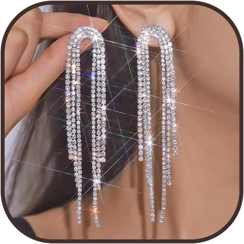 Rhinestone Tassel Earrings for Women Sparkly Long Tassel Earrings Prom Earrings Bling Crystal Chandelier Earrings Wedding Party Prom Dress Outfit Jewerly Gifts