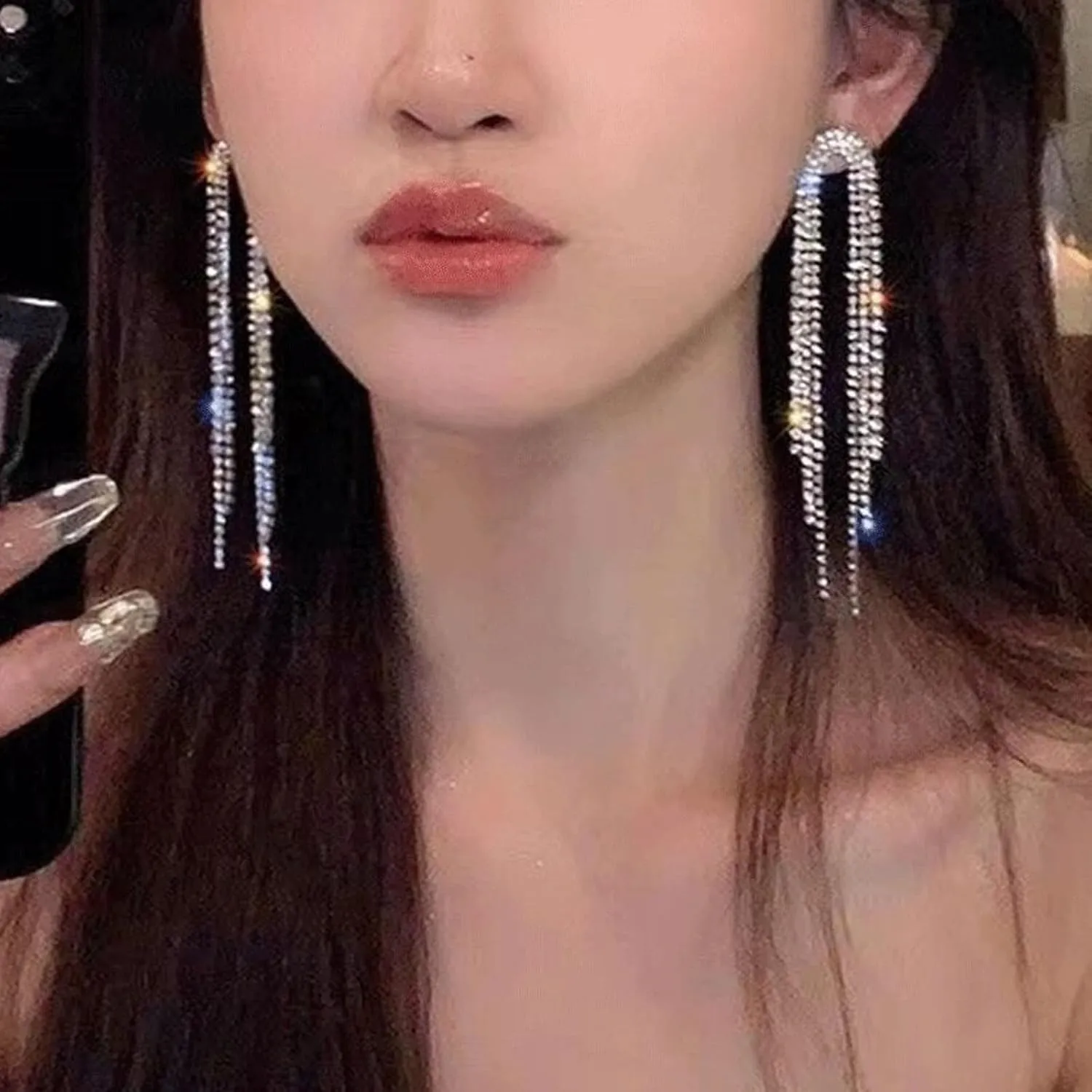 Rhinestone Tassel Earrings for Women Sparkly Long Tassel Earrings Prom Earrings Bling Crystal Chandelier Earrings Wedding Party Prom Dress Outfit Jewerly Gifts