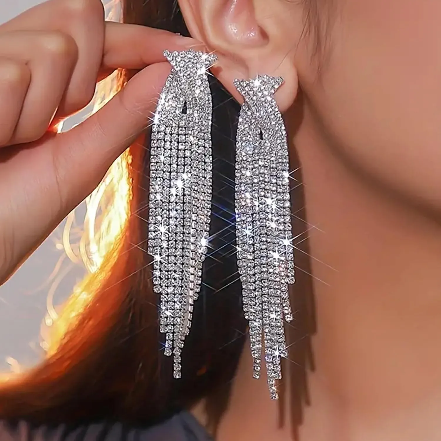 Rhinestone Tassel Earrings for Women Sparkly Long Tassel Earrings Prom Earrings Bling Crystal Chandelier Earrings Wedding Party Prom Dress Outfit Jewerly Gifts