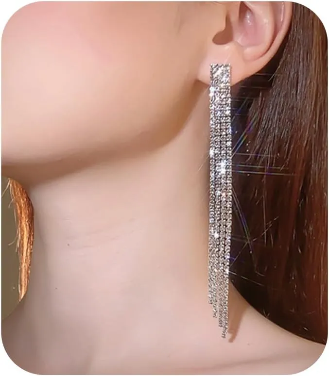 Rhinestone Tassel Earrings Silver Long Crystal Chain Earrings Sparkly Long Fringe Crystal Chandelier Dangle Drop Earring Wedding Party Prom Earring Wedding Party Jewelry for Women