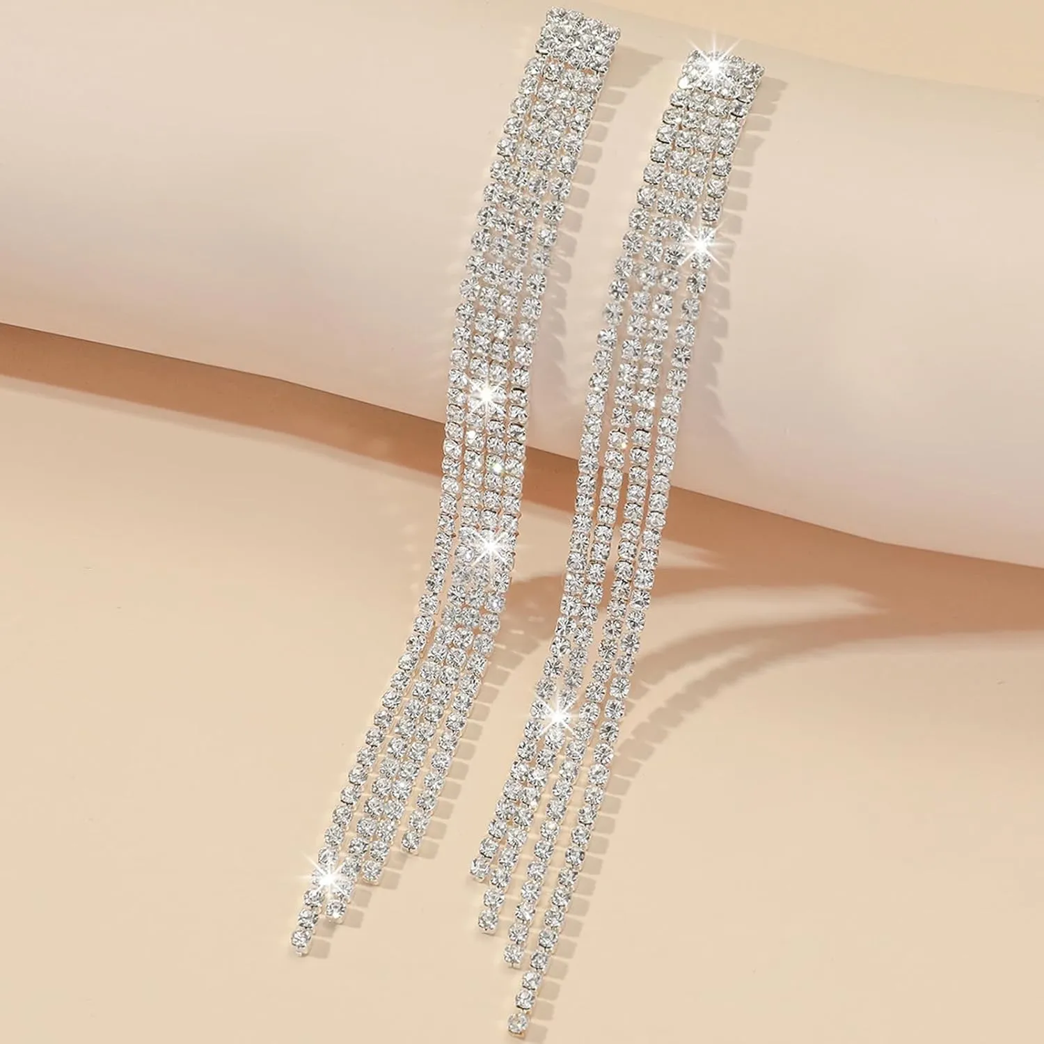 Rhinestone Tassel Earrings Silver Long Crystal Chain Earrings Sparkly Long Fringe Crystal Chandelier Dangle Drop Earring Wedding Party Prom Earring Wedding Party Jewelry for Women