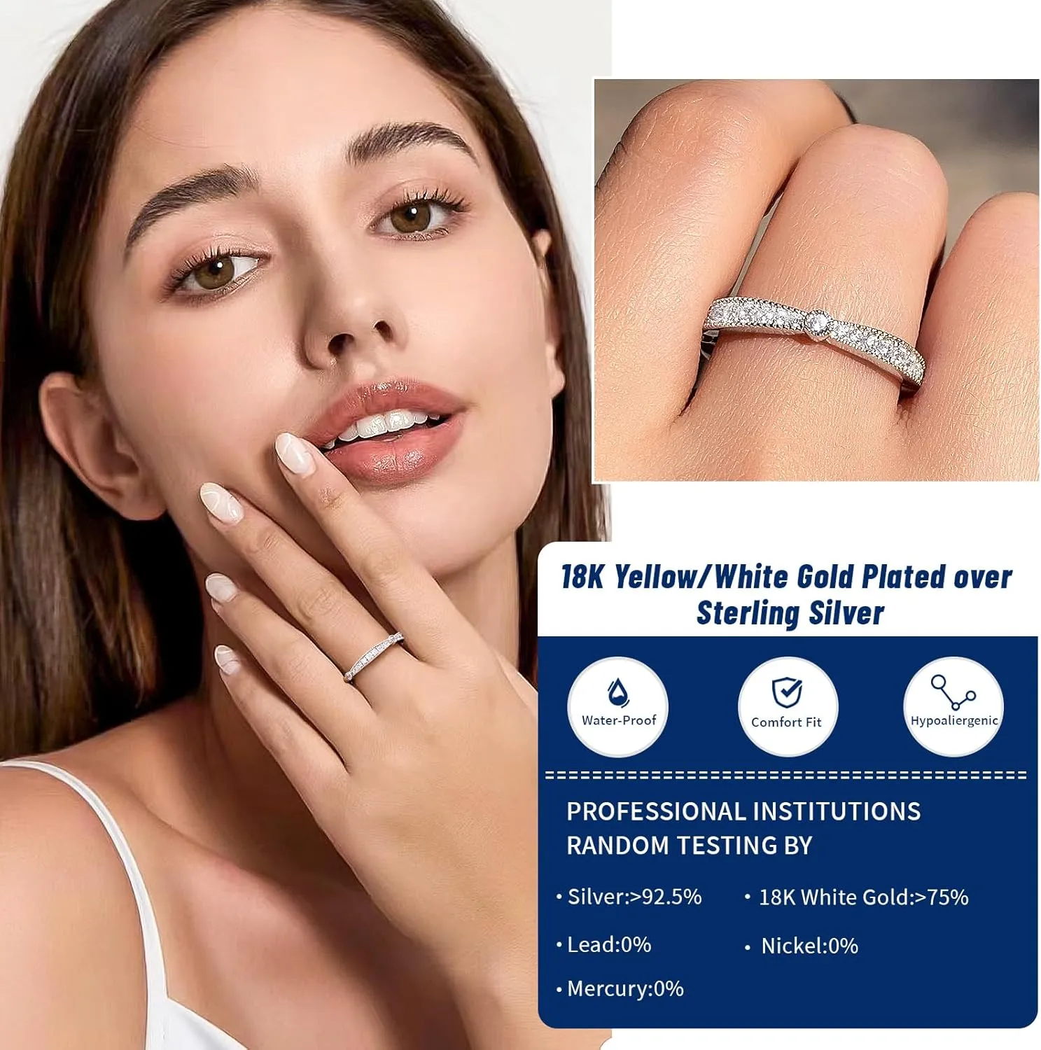 RINEY&KY Moissanite Rings for Women VVS Sterling Silver Stackable Wedding Bands Non Tarnish White Gold Plated Hypoallergenic Certified Lab Diamond Eternity Band Size 5-10US