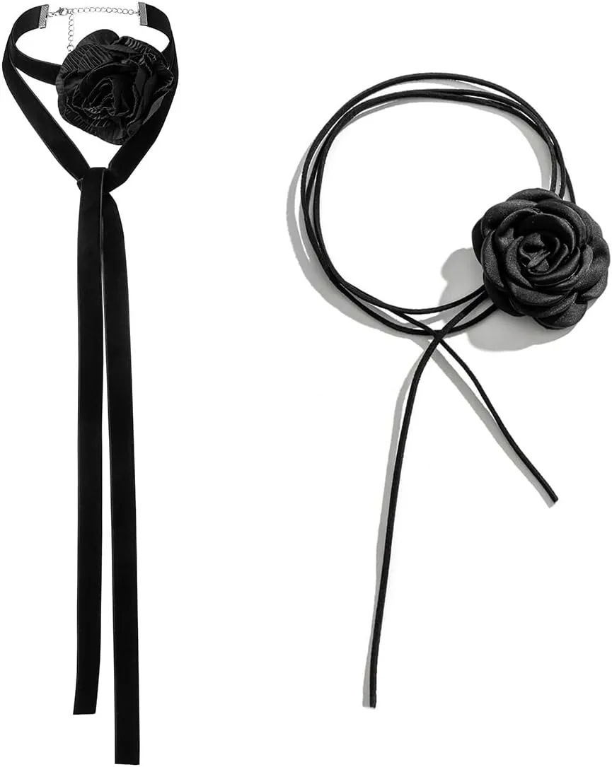 rongji jewelry Rose Flower Choker Necklaces for Women - 2pcs Lace-up Design Velvet Floral Choker Necklaces in Black, Red, and Blue, Perfect for Weddings, Parties, and Summer Outings
