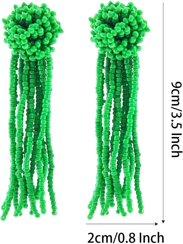 Round Tassel Beaded Earrings, Big Large Long Seed Bead Beaded Dangle Earrings for Women