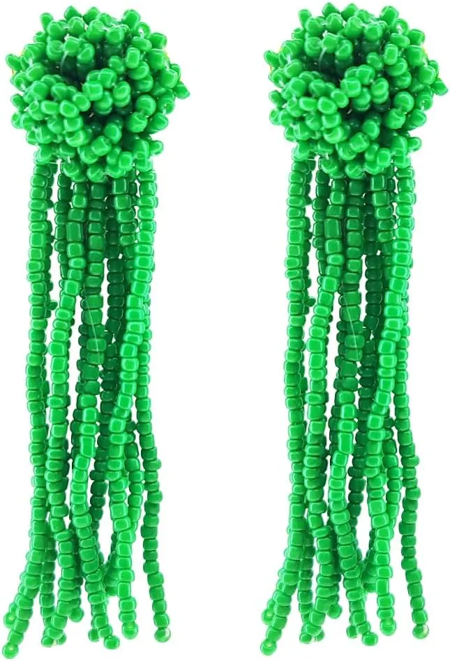 Round Tassel Beaded Earrings, Big Large Long Seed Bead Beaded Dangle Earrings for Women