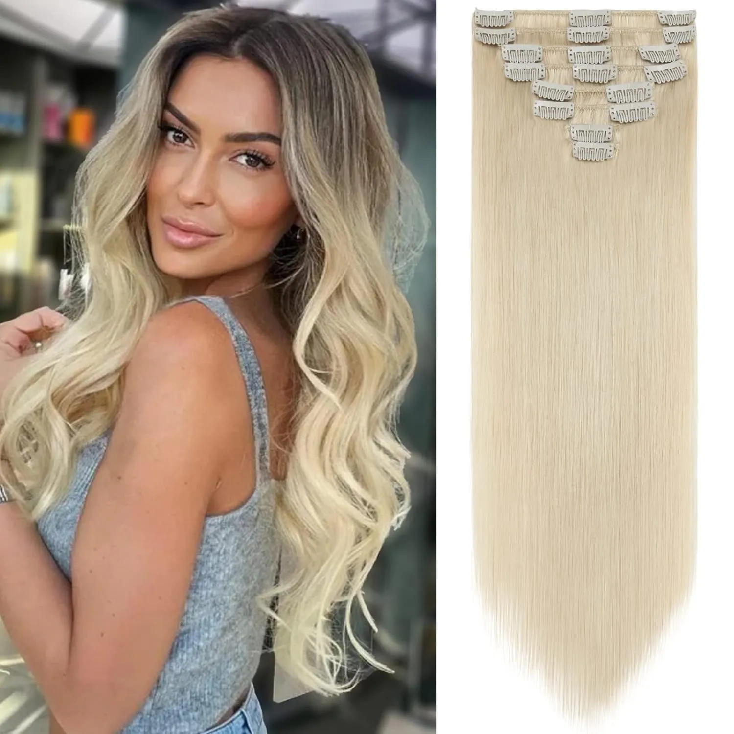 S-noilite Clip in Hair Extensions Human Hair Clip in Blonde Hair Full Head 8 Pieces 18 Clpis Set Straight Standard Weft Silky Soft 10 Inch-70g (#60 Platinum Blonde)