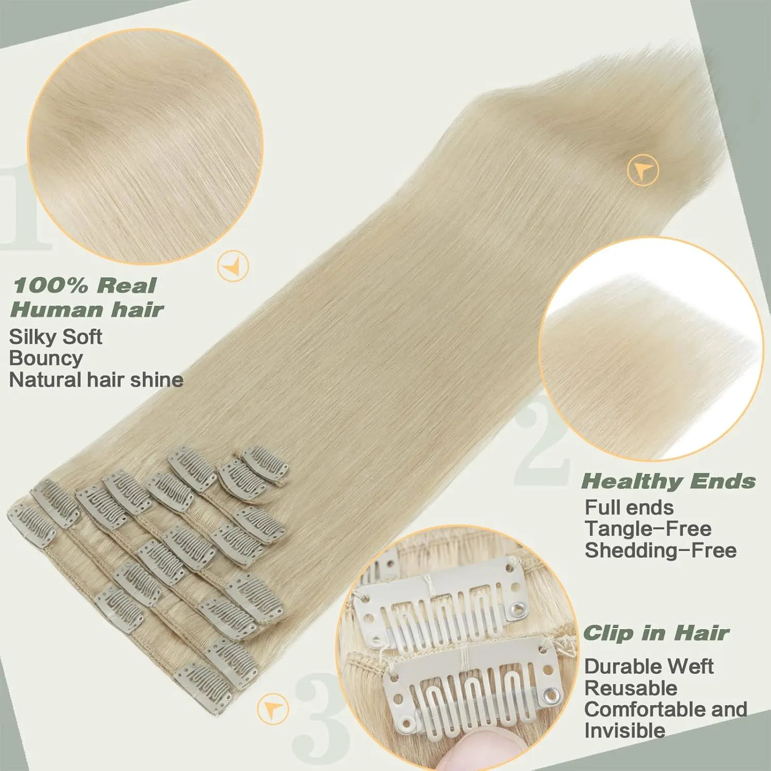 S-noilite Clip in Hair Extensions Human Hair Clip in Blonde Hair Full Head 8 Pieces 18 Clpis Set Straight Standard Weft Silky Soft 10 Inch-70g (#60 Platinum Blonde)