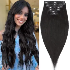 S-noilite Clip in Human Hair Extensions Clip in Remy Hair Extensions Short Length Black Hair Full Head 8 Pieces/Set Short Straight Soft Style Silky for Beauty 10 Inch-70g (#01 Jet Black)