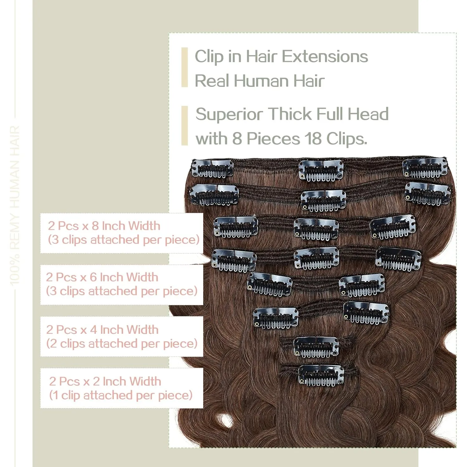 S-noilite Clip in Human Hair Extensions Curly Wavy 100% Real Remy Thick True Double Weft Clip in Hair Extensions Wavy Full Head 8 Pieces 18 Clips (20 Inch - 150g,Medium Brown (#04))